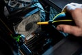 Close-up of a PC cooling system, a dirty radiator from a computer Royalty Free Stock Photo