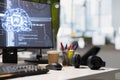 Close up of PC screen in AI startup office desk displaying neural networks code Royalty Free Stock Photo
