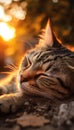 Serene Tabby Cat Basking in Golden Sunset Light, AI Generated