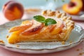 A close-up of a peach pie slice, perfect for recipe websites