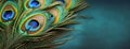 Vibrant Peacock Feathers background. Panorama with copy space, minimalistic. Royalty Free Stock Photo