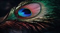 a close up of a peacock\'s feather with a dark background Royalty Free Stock Photo