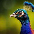 A close up of a peacock's head with a green background. AI generative image. Royalty Free Stock Photo