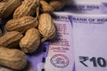 Close up of Peanuts or Groundnuts with indian currency below on isolated background Royalty Free Stock Photo