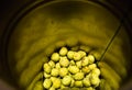 Peanuts snack Nori wasabi flavor coated in can round container in top view. Royalty Free Stock Photo