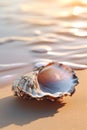 Close up of pearl oyster on a sandy beach.