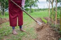 Close-up of a peasant`s shovel digging the ground, tillage of fields concept