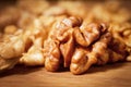 Close-up of a peeled walnut kernel. Macro shot. Low angle view