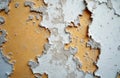 Close up of peeling paint on an old wall. Texture shows layers of worn paint and plaster. Abstract weathered surface with rough Royalty Free Stock Photo