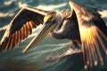 Close up of a pelican flying at sea level, GENERATIVE AI