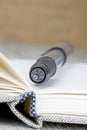 A close up of a pen lying on an open journal diary notebook Royalty Free Stock Photo