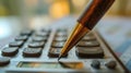 Close-up of a pen pressing the equals button on a calculator with an out-of-focus background, Generative Ai