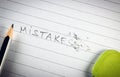 Close up of pencil eraser correcting and fixing word Mistakes Royalty Free Stock Photo