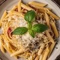 Close up penne pasta in tomatoes, cheese and green basil. Classic Italian pasta dish
