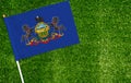 Close-up of Pennsylvania flag against closed up view of grass