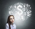 Dreamy young woman and dollar sign cloud Royalty Free Stock Photo