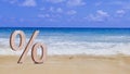 Close-up of percent sign on clean sandy beach, Percentage Sign And Discount Rate. Accountant VAT Tax Concept Royalty Free Stock Photo