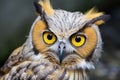 close-up of a perched owl, staring with yellow eyes