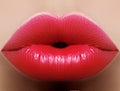 Closeup kiss red lip makeup. Beautiful plump full lips on female face. Clean skin, fresh make-up. Bright lips