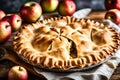 A close-up of a perfectly baked apple pie with a golden, flaky crust