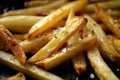 a close-up of perfectly cooked french fries, with a sprinkle of salt and pepper