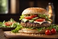 A Close-Up of a Perfectly Grilled Hamburger. Salad.