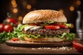 A Close-Up of a Perfectly Grilled Hamburger. Salad.