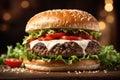 A Close-Up of a Perfectly Grilled Hamburger. Salad.