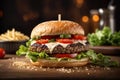 A Close-Up of a Perfectly Grilled Hamburger. Salad.