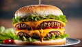 A close-up of a perfectly stacked double cheeseburger with dripping melted cheese and crispy lettuce.
