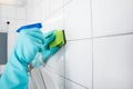 Close-up Of Person Cleaning The Tiled Wall Royalty Free Stock Photo