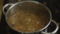 Close-up of person cooking Russian traditional soup solyanka in a pot on the stove. Stock footage. Russian solyanka soup Royalty Free Stock Photo