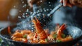 A close up of a person cooking shrimp in a pan, AI