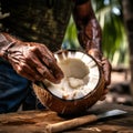 20-66-close-up-of-a-person-cracking-open-a-fresh-coconut-witha Royalty Free Stock Photo