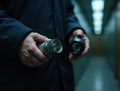 Close-up of a person in a dark jacket preparing to turn on a silver, high-powered LED flashlight in a dim corridor Royalty Free Stock Photo