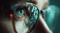 close up of person eye with glasses reflecting digital code, symbolizing technology and focus. image captures intricate details of Royalty Free Stock Photo