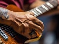 A close up of a person with glasses and a prosthetic limb playing a guitar.. AI generation Royalty Free Stock Photo