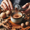 152 44. Close-up of a person grating fresh nutmeg over a steain