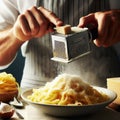 168 94. Close-up of a person grating fresh parmesan over a stam