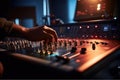 Close up of person hand on sound mixing console, buttons on audio mixer, AI Generative