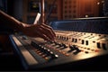 Close up of person hand on sound mixing console, buttons on audio mixer, AI Generative