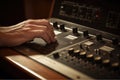 Close up of person hand on sound mixing console, buttons on audio mixer, AI Generative