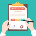 Close-up of person hands with clipboard credit score and pen. Concept personal credit score information. Royalty Free Stock Photo