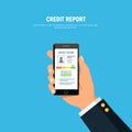 Close-up of person hands holds phone with credit score app. Concept personal credit rating information.