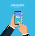 Close-up of person hands holds phone with 5G connect on screen. High speed mobile technology. Wireless system concept. Royalty Free Stock Photo