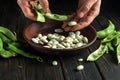 Close-up of a person hands peeling green beans. Organic peasant food. Copy space Royalty Free Stock Photo