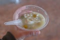 Close-up of a person holding a bowl of Thai Bualoy desserts