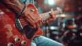 A close up of a person playing an electric guitar in front of other people, AI Royalty Free Stock Photo