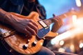 A close up of a person playing a guitar. Generative AI image. Royalty Free Stock Photo