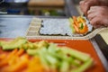 Close up of a person preparing japanese food. Close up of a person making sushi rolls. Close up of a person preparing sushi Royalty Free Stock Photo